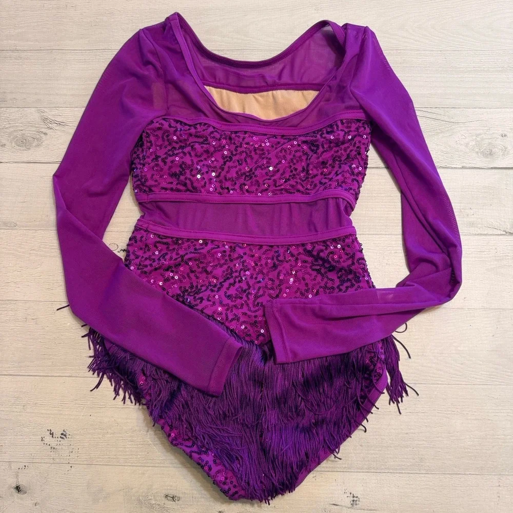 Weismann‎ girls long sleeve dance costume purple sequins tassel medium child